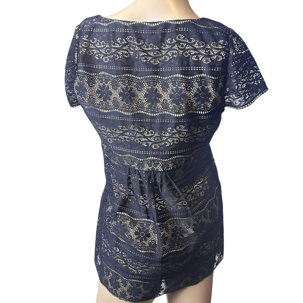ECI Lace Blouse Women 6 Black Empire Waist Short Sleeve Scoop Neck Whimsigoth‎